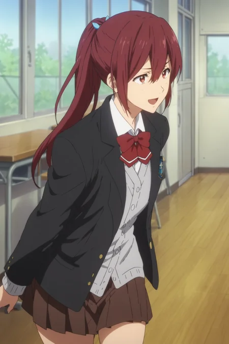 gou matsuoka, red eyes, red hair, long hair, ponytail, school uniform, blazer, jacket, shirt, gray sweater, brown skirt, pleated skirt, black kneehighs, loafers, red bowtie, <lora:Gou_Matsuoka:0.8>, score_9, score_8_up, score_7_up, score_6_up, score_5_up, source_anime, rating_safe, medium breasts, indoors,classroom, 1girl, solo, looking at viewer, <lora:age_slider_v4:3>, running, smile, open mouth, (anime screencap:1.2)