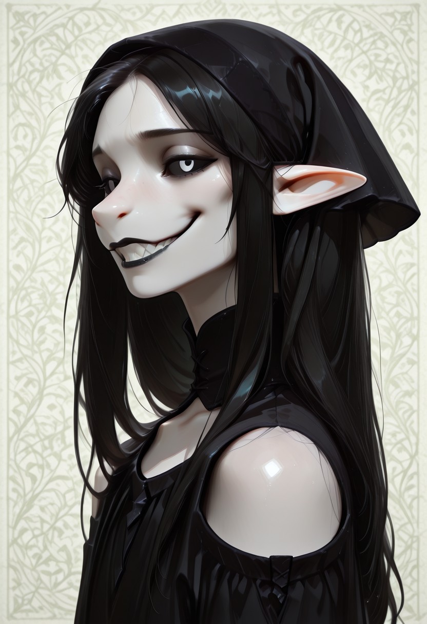 1 person, (lapanya, snout nose:1.3), solo, androgynous, pointy ears, sleek hair, straight hair, long hair, black hair, straight hair, parted bangs, hair over shoulders, ((black sclera, black irises, black pupils)):1.5, (very pale skin, white skin), ((full lips, black lipstick)), black cloak, black headscarf, low collar, collarbone,
(Grinning, sharp teeth), looking at viewer,
Medieval style, Smooth colors, detailed face, smooth skin, smooth nose, organic cavern background, clean lines, high quality, best quality, masterpiece, rating: safe, source: semi-realistic,