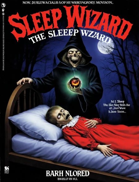 <lora:PBFH-XL:1> pbfh, Paperback novel, horror book cover, The Sleep Wizard