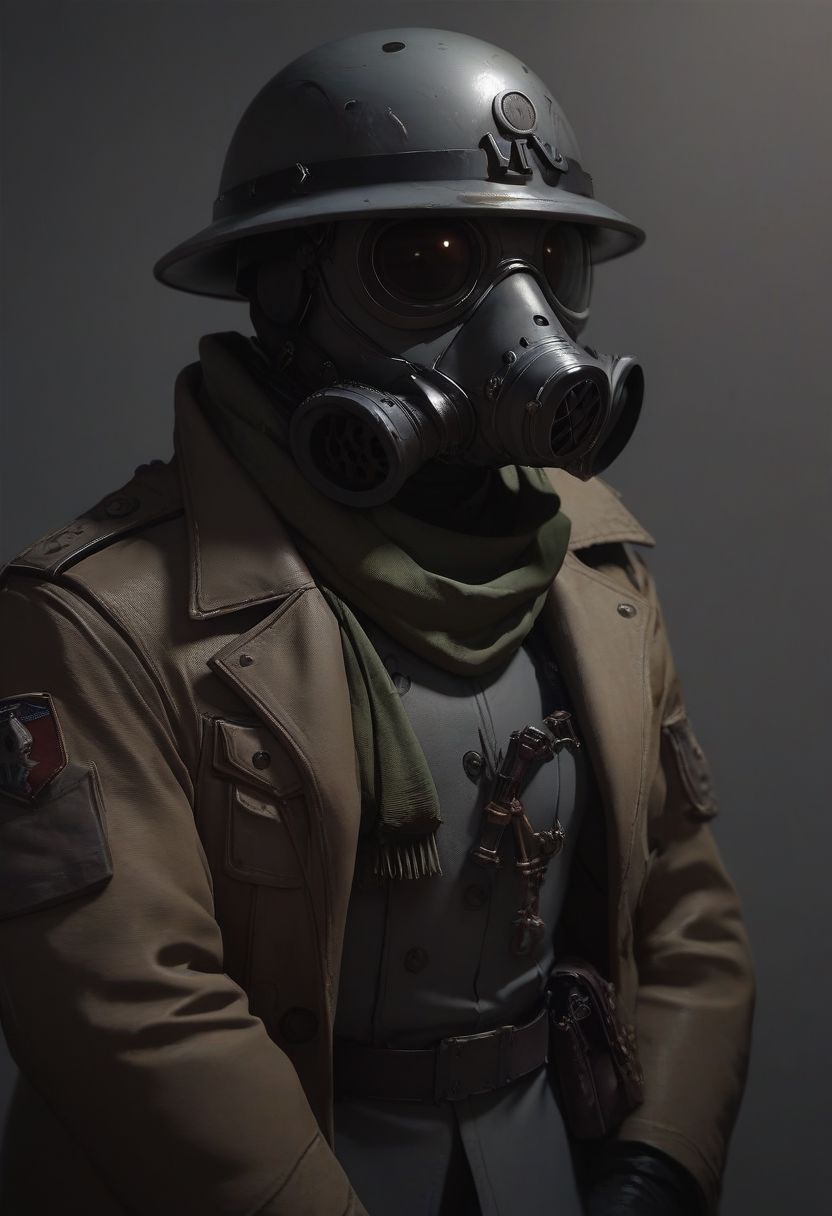 score_9, score_8_up, score_8_up, Captain, Sci fi Gas mask, grimdark, grey soldier helmet, metal breastplate, grey uniform,  uniform, Trenchcoat, trenchcoat, sci fi revolver, green scarf