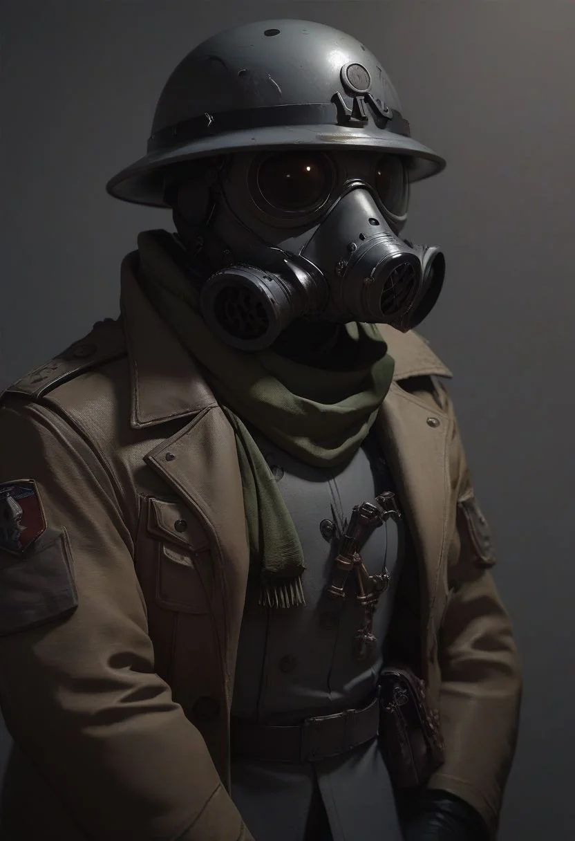score_9, score_8_up, score_8_up, Captain, Sci fi Gas mask, grimdark, grey soldier helmet, metal breastplate, grey uniform, uniform, Trenchcoat, trenchcoat, sci fi revolver, green scarf