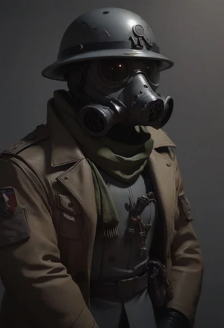 score_9, score_8_up, score_8_up, Captain, Sci fi Gas mask, grimdark, grey soldier helmet, metal breastplate, grey uniform, uniform, Trenchcoat, trenchcoat, sci fi revolver, green scarf