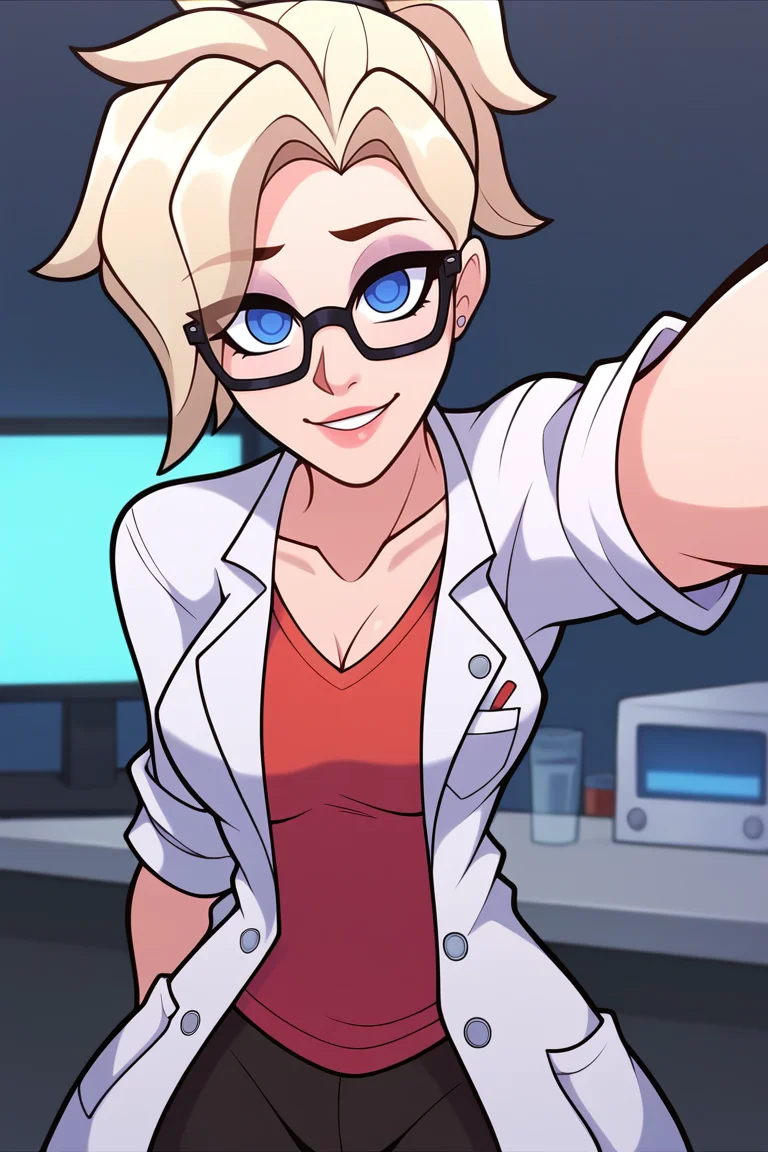 score_9, score_8_up, score_7_up, BREAK, <lora:tobinge-guy-PONYv1:1>, 1girl, solo, breasts, mercy \(overwatch\), selfie, lab coat, glasses, doctor,
