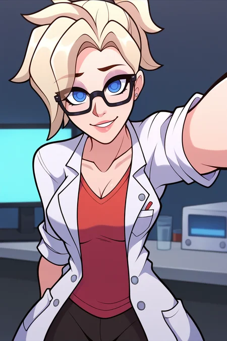 score_9, score_8_up, score_7_up, BREAK, <lora:tobinge-guy-PONYv1:1>, 1girl, solo, breasts, mercy \(overwatch\), selfie, lab coat, glasses, doctor,
