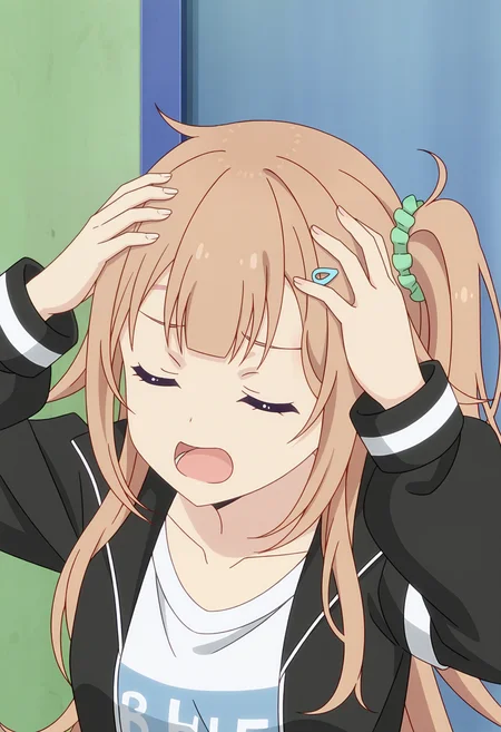 <lora:Shinon Ogawa_illustrious-000038:1>,
Shinon Ogawa,1girl,hair ornament,open mouth,closed eyes,scrunchie,jacket,black jacket,parody,hands on own head,shirt,solo,collarbone,one side up,meme,upper body,long sleeves