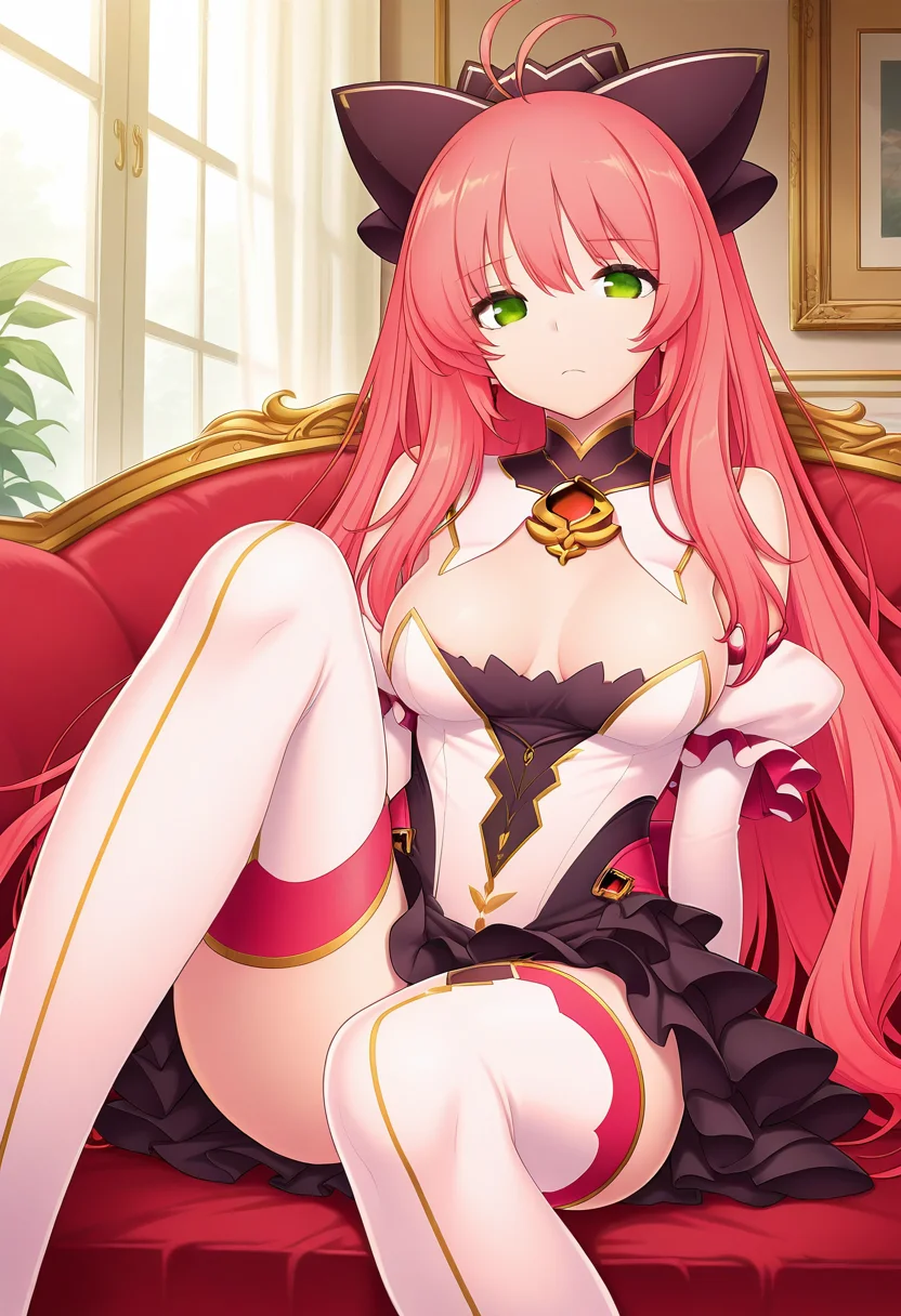 masterpiece,best quality,amazing quality, 1girl, c tear, very long hair, dark pink hair, antenna hair, green eyes, medium breasts, hair bow, dress, red brooch, detached collar, elbow gloves, thighhighs, ribbon, indoors, looking at viewer, light frown, sitting, hands bet<lora:tear_ver2FINALIGNITION_ILLUS_c:1>