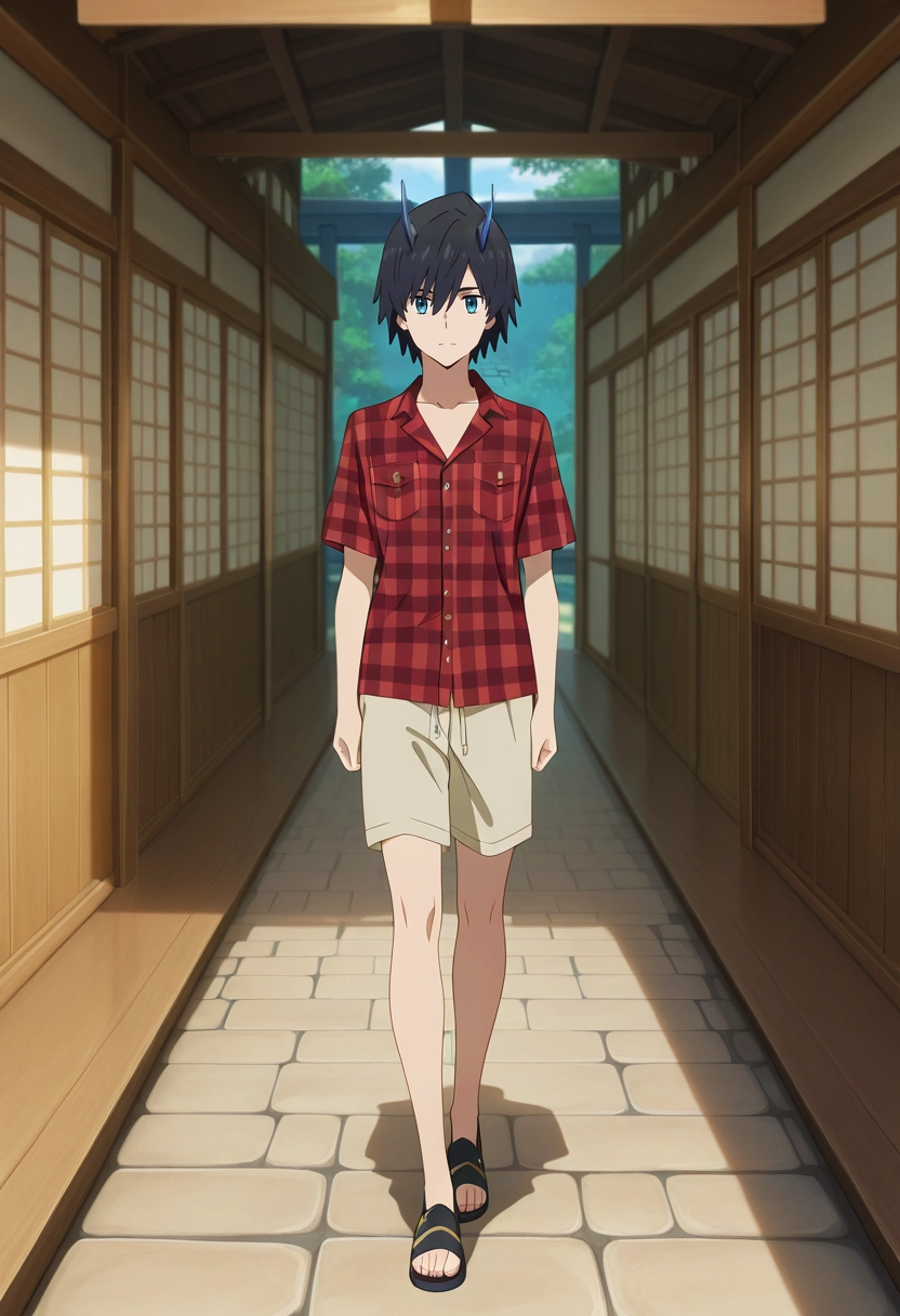 masterpiece, best quality, , anime screencap, anime coloring, official style, , 1boy, solo, male focus, <lora:hiro_franxx_ilxl:0.9>, hiro_franxx, black hair, blue eyes, bangs, blue horns, oni horns, bamboo sanctuary, stone paths, koi streams, wooden bridges, peaceful walk, serene expression, misty morning, Linen shorts, Flannel Digital print CinnamonBrown Cargo shirt, , ,