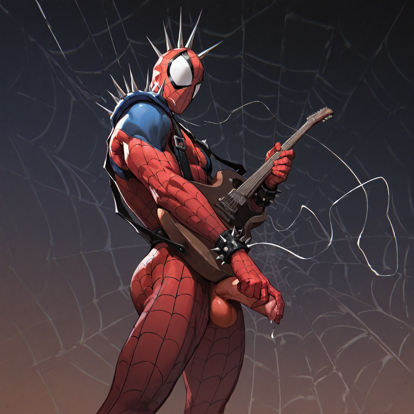 <lora:SPIDERPUNK:1>spiderpunk, solo, looking at viewer, 1boy, holding, male focus, mask, bodysuit, chain, traditional media, from side, instrument, spikes, music, guitar, holding instrument, white eyes, playing instrument, electric guitar, superhero, \m/, red bodysuit, silk, spider web, penis up, cumming, erect, testicles, hard, spider web print, shoulder spikes, plectrum, holding plectrum, spiked bracelet,  dynamic perspective, night, detailed background, motion blur, film grain, abstract, natural lighting, fantasy, cinematic, dynamic view, very awa, masterpiece, best quality, absurdres, newest, perfect quality, detailed background, intricate details, (artist:fl \(l-fl\):0.7), (artist:tooboshoo:0.7), (artist:dizdoodz:0.8)    <lora:bulge:1> bulge