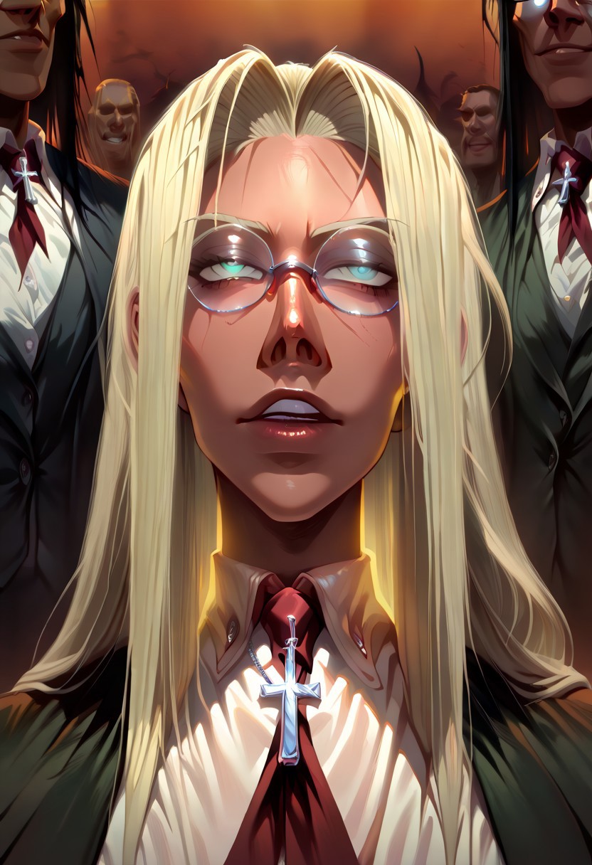 masterpiece, best quality, newest, absurdres, highres, Warbringersstyle-V1.0, solo, solo focus, Integra-Hellsing-IL/Pony.V1.1  1girl, blonde hair, very long hair, vlue eyes, dark-skinned female, dark skin, glasses,
formal, suit, cross, cross necklace, necktie, jewelry,