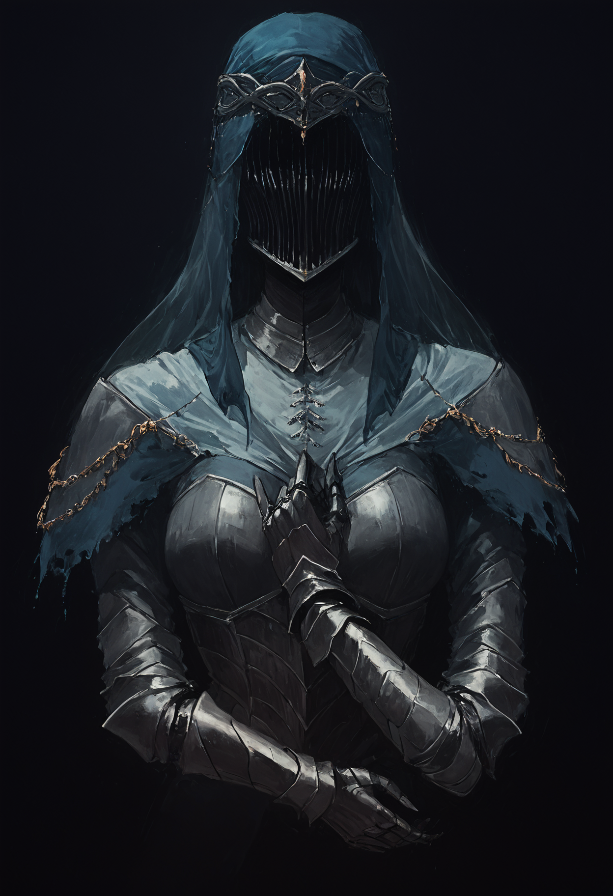 score_9, score_8_up, score_7_up, <lora:DancerOTBV:0.8> faceless, armor, helmet, veil, gauntlets, medieval, dark theme, silver trim,  <lora:Dark Pony:0.7> Dark style