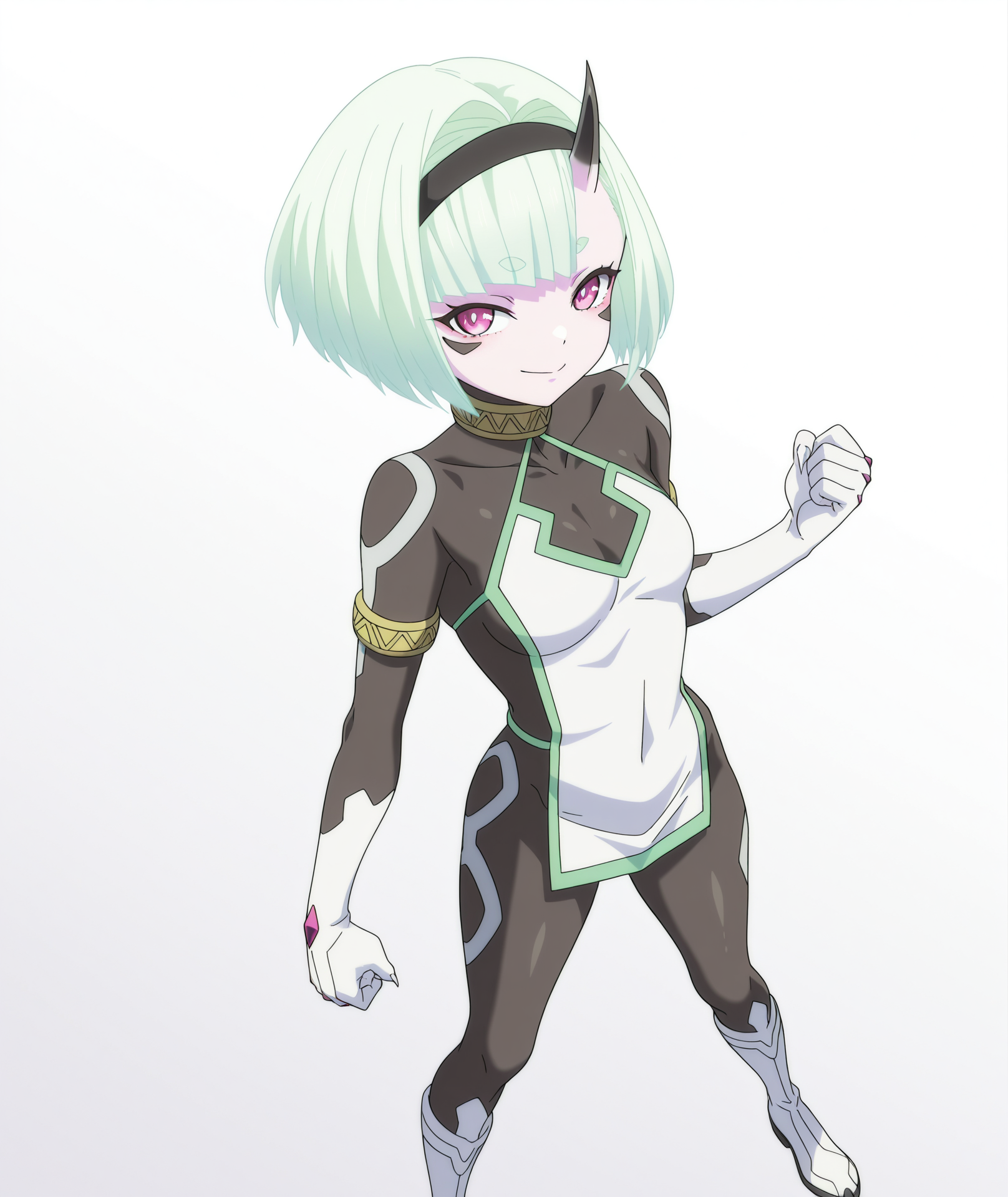official art, absurdres, highres, anime coloring, hi res, best quality, masterpiece, 2d, intricate details, 4k,
1girl, solo, thick eyebrows, short eyebrows, short hair, bangs, green hair, blunt bangs, blue hair, purple eyes, pink eyes, white hair, hairband, horns, colored skin, facial mark, bob cut, single horn, forehead mark, black hairband, oni horns,
breasts, small breasts, medium breasts, clothing cutout, bodysuit, covered collarbone, claws, boots,
looking at viewer,
depth of field, white background, gradient background, <lora:Coco_Zenibako_ILXL:1>, mato seihei no slave, zenibako coco,