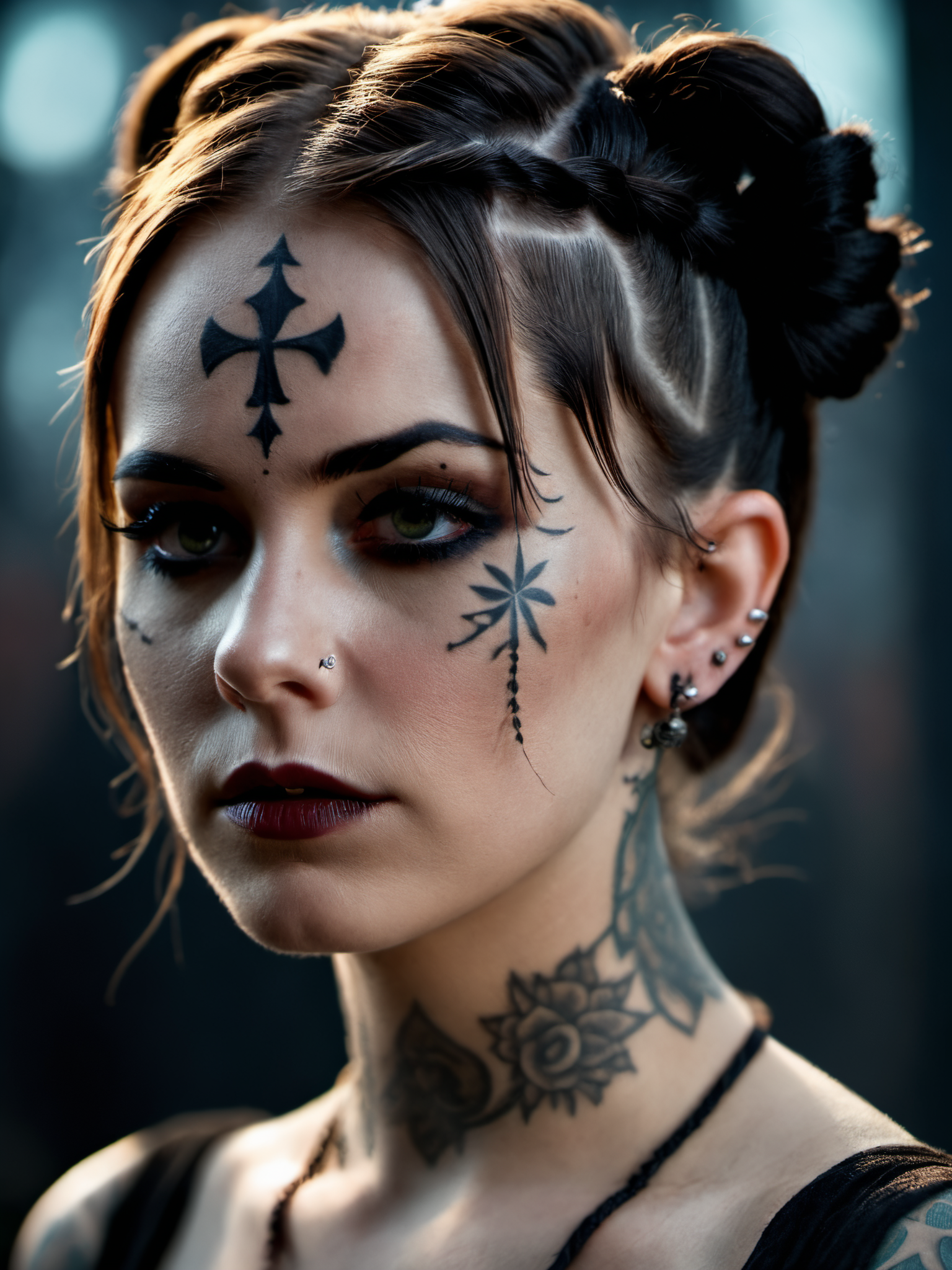 cinematic film still 1 girl,solo,(pale skin:1.3),face tattoos,tattoos,body tattoos,demonic symbols,dusty background,fog,Black background,pigtails,skull girl,day of the dead,, Ultra-HD-details, true to life, HDR image,High detail resolution,soft eyes,natural skin,high detailed face,high detailed cloth,film photography,vintage,cinematic lighting,realistic,sharp focus,(very detailed),((4K HQ)),depth of field,f/1.2,Leica,8K HDR,High contrast,shadows, bokeh,(detailed and realistic skin texture),(detailed clothing),(detailed background),detailed skin,(highly detailed skin),(8K HDR photo),realistic texture,realistic shadows,accurate to life,living image,lifelike . shallow depth of field, vignette, highly detailed, high budget, bokeh, cinemascope, moody, epic, gorgeous, film grain, grainy