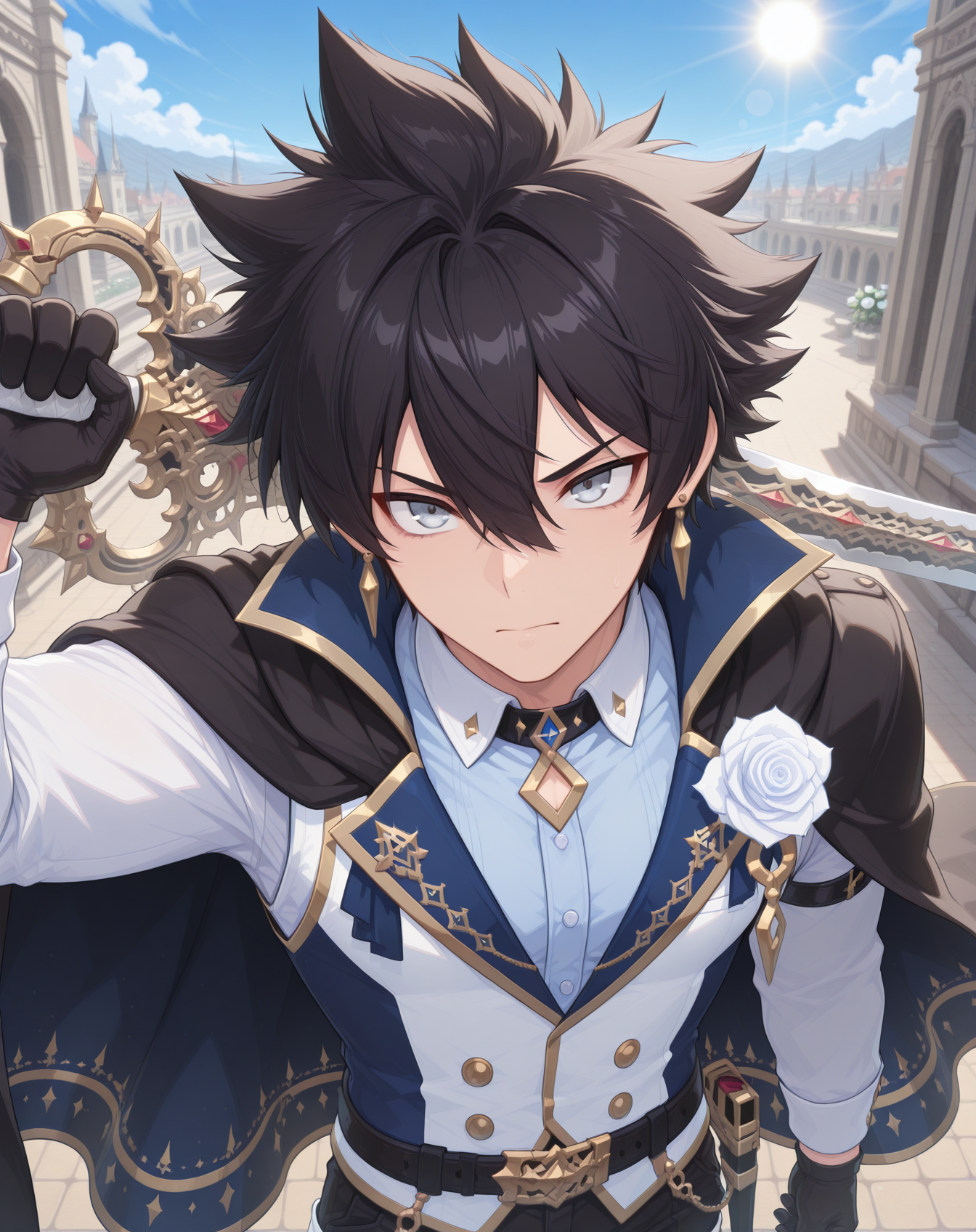 masterpiece, amazing quality, best quality, absurdres, very aesthetic,
1boy, solo, yaoi, male focus, cowboy shot, upper body, looking at viewer, face focus,
<lora:Sieghart_Wonderland_ilxl:1> sieghartwonderland, spiked hair, black hair, hair between eyes, grey eyes, short hair,
black cape, black gloves, belt, collared shirt, white shirt, long sleeves, gold trim, two-sided fabric, white flower, white rose, white vest, two-tone vest, blue vest, knee boots, black pants, white footwear,
earrings, jewelry,
holding weapon, holding sword, weapon over shoulder,
outdoors, day, blue sky, sun,