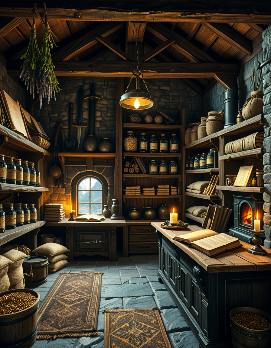 A highly detailed, realistic photograph of a medieval-style general store inspired by Skyrim, captured in soft, natural lighting. The interior features wooden beams and stone walls, aged and weathered, with shelves overflowing with various items: leather-bound books, glass potion bottles glowing faintly in green and blue hues, sacks of grains, and woven baskets filled with herbs. In the corner, a rustic fireplace crackles gently, casting warm, golden light across the room. Weapons like iron swords and steel daggers hang neatly on a wooden rack behind the counter, while a fur rug covers part of the worn wooden floor. On the wooden counter lies a small pile of gold coins beside an old ledger, with a candle burning low. The window shows a misty, pine-filled landscape outside, with soft daylight filtering through. The atmosphere feels cozy, immersive, and authentically Nordic, with rich textures, muted earthy colors, and a slightly cinematic fantasy style. No people are present, only the quiet ambiance of a world at rest.
<lora:SDXLFaeTastic2400:0.4> <lora:extremely_detailed:0.4> extremely detailed,<lora:skyrim_general_st0r3:1>,skyrim general st0r3, Masterpiece,best quality,hi res,8k,hi res,8k,award winning,(sharp focus, intricate, highly detailed),