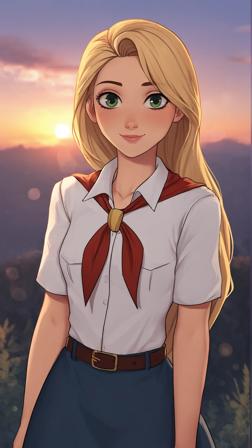 score_9, score_8_up, score_7_up,
best quality, masterpiece, ultra detailed,
looking at the viewer, looking at the camera,
portrait,
light smile, blush,
source_disney, rapunzel,
black eyeliner cat eye,
pink lips,
white collared shirt, short sleeves, red neckerchief, neckerchief, belt, blue skirt,
sunset, warm light, cozy, sky, clouds,
amazing background, outdoors,
bokeh, blurry, blurry background,
<lora:Everlasting_Summer_Vanilla_Art_Style_by_GraffMetal:1>,