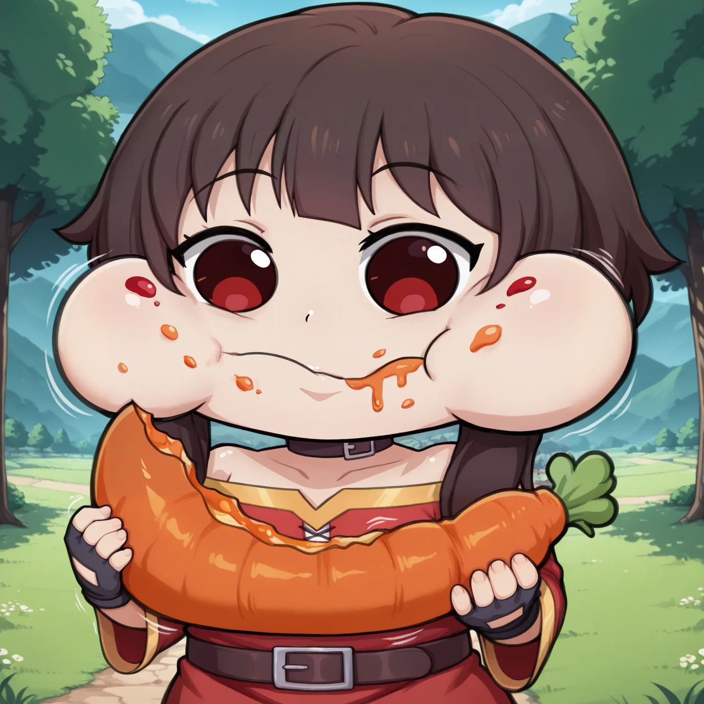 (masterpiece, amazing quality, best quality), <lora:blackwhiplash(bwl)-guy90-Illust-Lycorisv1:1>, blaash, <lora:stuffy_ai_style_illustrious_goofy:0.8>, motion lines, motion blur,
1girl, solo, megumin, brown hair, short hair_with long locks,
dress, red dress, bare shoulders,
red eyes, looking at viewer,
outdoors, tree, grass,
<lora:watermelon_reimu:1>, chibi style, exaggerated eyes, exaggerated expression, puffed cheeks, full cheeks, eating, stuffed mouth, food stains, food on face, drooling, cute, comedic expression, silly face, cartoonish, round eyes, closed mouth, chewing, munching, holding, holding carrot, carrot, eating, food in hands, meme face, funny face, meme,