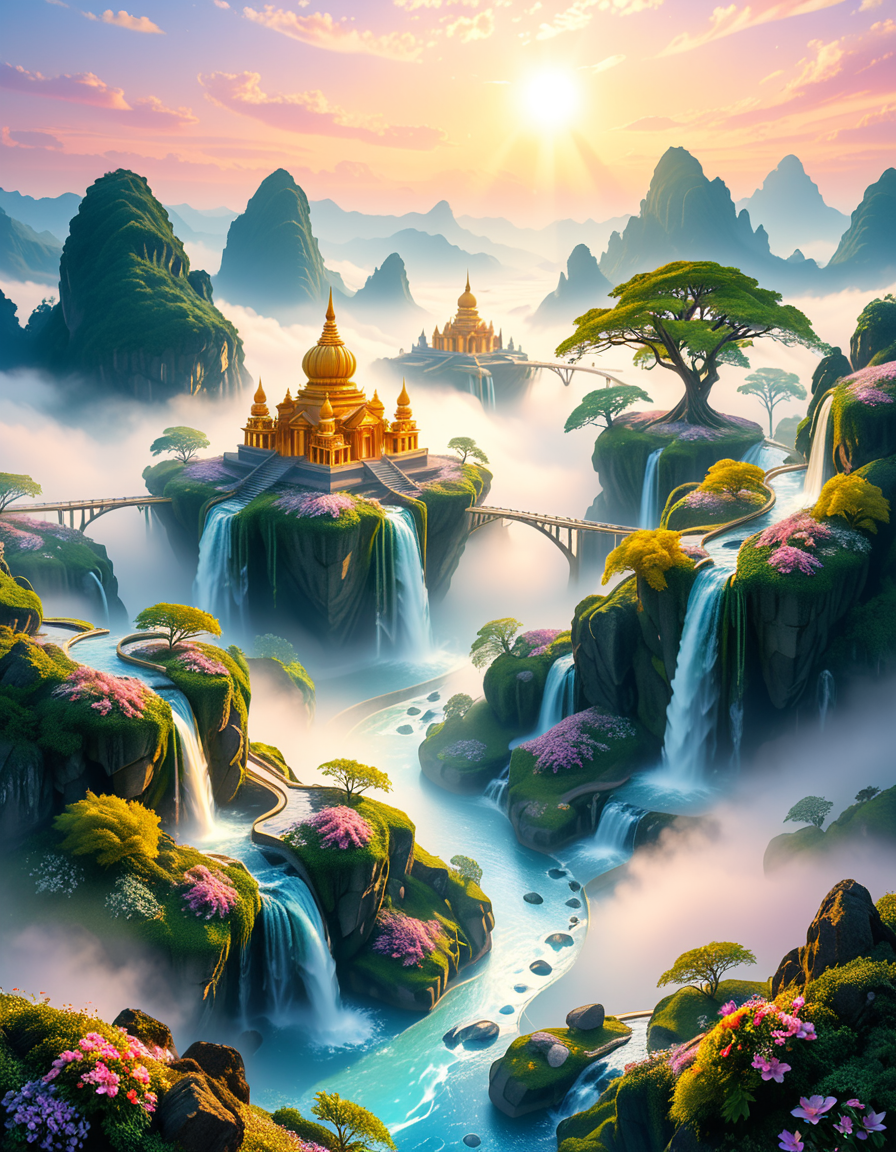 A mesmerizing celestial background featuring an otherworldly paradise. Towering crystalline mountains with peaks that glow softly under a sky painted in shifting hues of iridescent blues, pinks, and golds. Rivers of liquid light flow through vast, open meadows filled with luminescent flowers that pulse with a gentle glow. Gigantic, translucent trees with silver leaves sway in a breeze that carries floating particles of golden dust. Suspended bridges made of shimmering energy connect ancient, floating monoliths engraved with intricate celestial patterns. In the distance, an enormous radiant waterfall cascades into a bottomless, mist-covered abyss, reflecting the surrounding ethereal glow. A tranquil atmosphere, untouched and divine, filled with an overwhelming sense of wonder and serenity.
<lora:SDXLFaeTastic2400:0.4> <lora:extremely_detailed:0.4> extremely detailed, <lora:heavenly_l4ndsc4p3:1>,heavenly l4ndsc4p3, Masterpiece,best quality,hi res,8k,hi res,8k,award winning,(sharp focus, intricate, highly detailed),