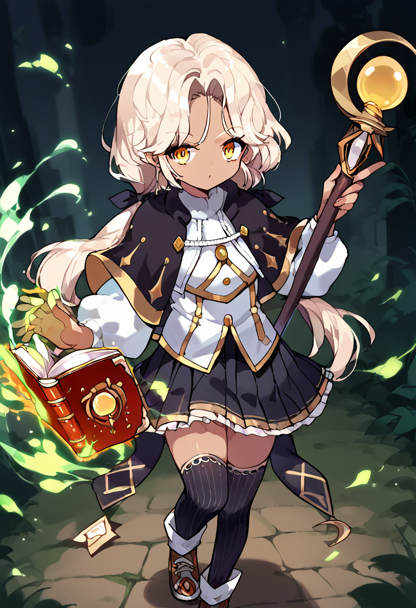 score_9,score_8_up,score_7_up,source_anime,zPDXL3,
*//*,<lora:ArchMageFP_Pony:1.0>,archmage_fp,1girl,solo,dark skin,dark-skinned female,blonde hair,twintails,low twintails,long hair,yellow eyes,black thighhighs,black skirt,pleated skirt,capelet,brown footwear,striped,magic,open book,staff,holding staff,
*//*,looking at viewer,cowboy shot,dutch angle,dynamic pose,