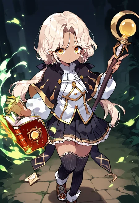 score_9,score_8_up,score_7_up,source_anime,zPDXL3,
*//*,<lora:ArchMageFP_Pony:1.0>,archmage_fp,1girl,solo,dark skin,dark-skinned female,blonde hair,twintails,low twintails,long hair,yellow eyes,black thighhighs,black skirt,pleated skirt,capelet,brown footwear,striped,magic,open book,staff,holding staff,
*//*,looking at viewer,cowboy shot,dutch angle,dynamic pose,