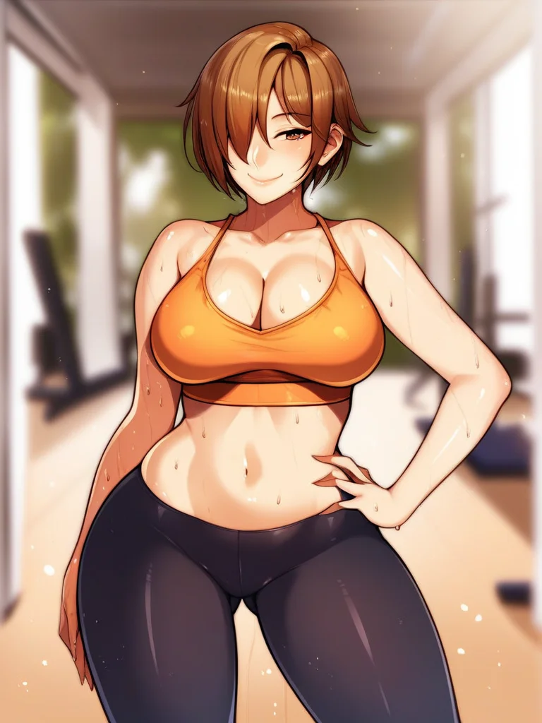 score_6_up, 1girl, bare shoulders, bike shorts, blurry, blurry background, breasts, brown hair, cleavage, collarbone, facing viewer, hand on hip, leggings, navel, pants, short hair, smile, solo, sweat, thighs, yoga pants, wide hips, <lora:KorotsukePony:0.85>