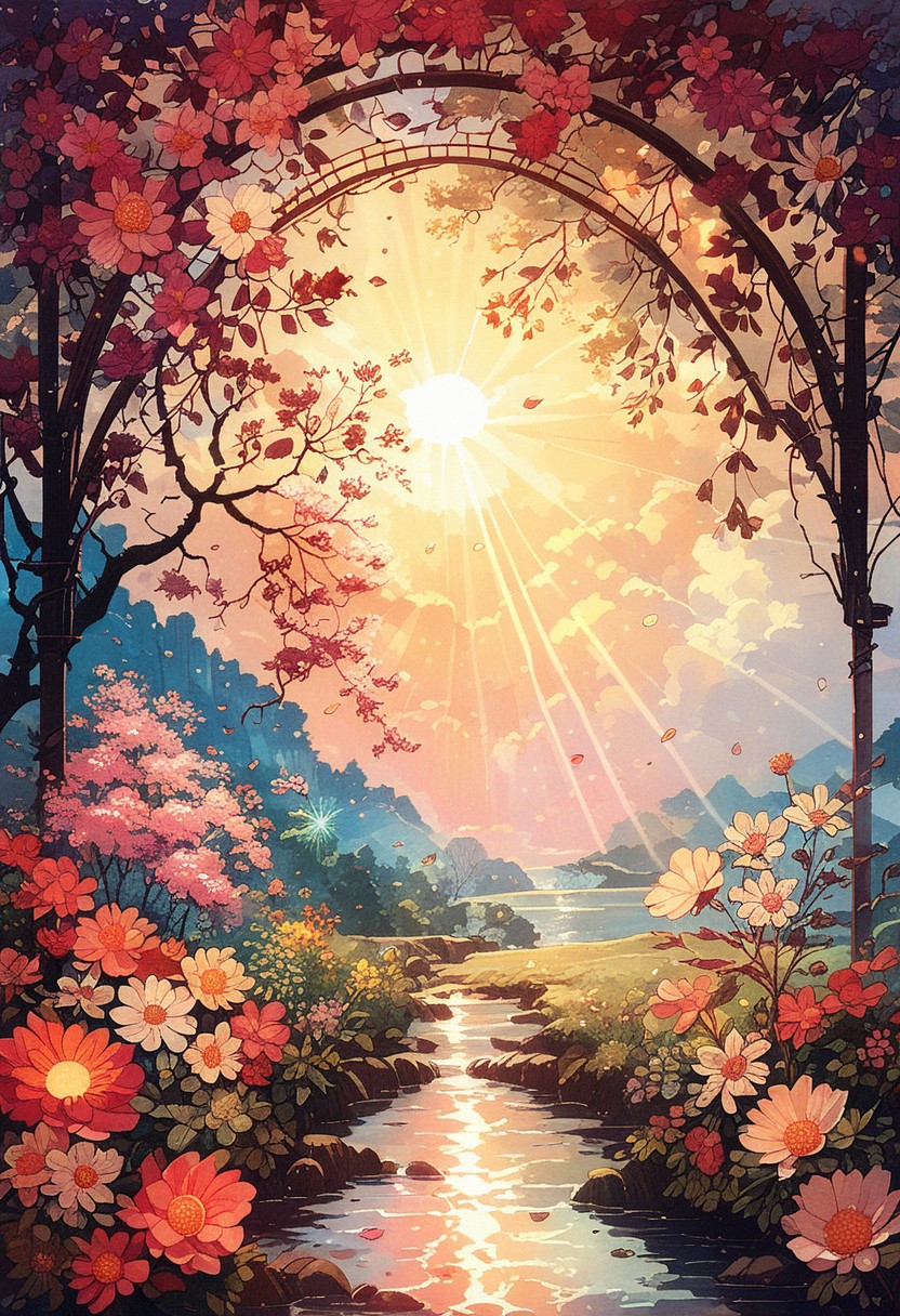 score_9, score_8_up, score_7_up,spring, puddles, spring flowers, bright sun, rays of the sun, Japanese landscape, beautiful composition