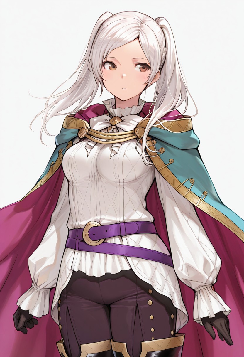 masterpiece, best quality, 
  1girl, BraveRobin, long hair, white hair, twintails, brown eyes, shirt, long sleeves, gloves, pants, boots, cape, medium breasts,
upper body,
simple background,