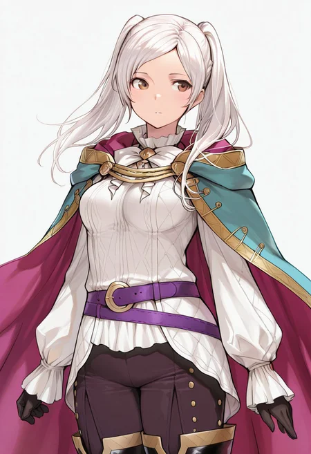 masterpiece, best quality, 
  1girl, BraveRobin, long hair, white hair, twintails, brown eyes, shirt, long sleeves, gloves, pants, boots, cape, medium breasts,
upper body,
simple background,