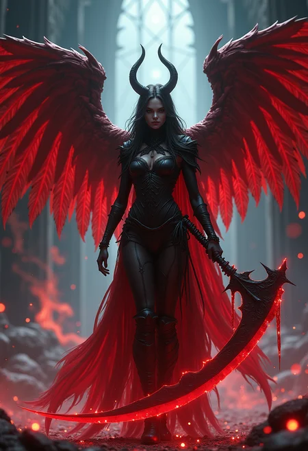 image depicting a slender female blood angel holding a serrated scythe made of lightning, wearing asymmetrical full rogue shroud with with wings made from souls feathers, in an ethereal spire during a sudden demonic onslaught, whispering winds, haunting atmosphere, highly detailed, masterpiece, 4k
