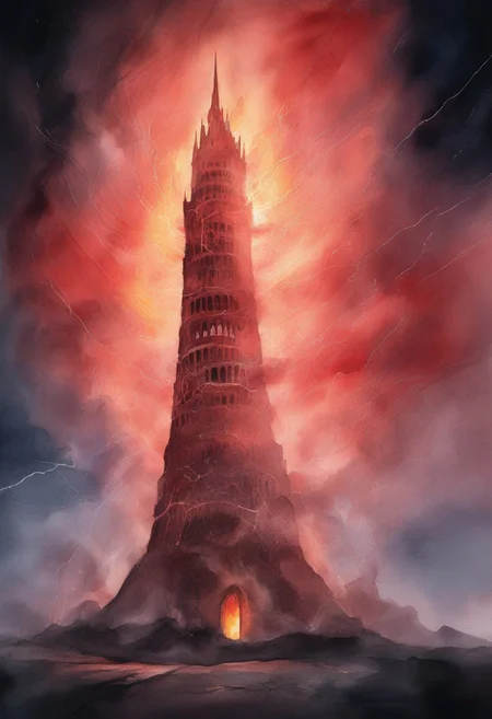 watercolor, watercolour,
massive evil tower burning and cracking apart under golden laser beams of light from cloudy red sky
