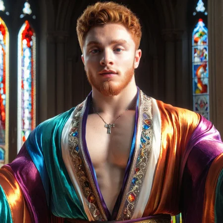 1boy, male focus, beard, Papi, from above, (handsome young cleric conjuring magic), facial hair, (shirtless), (intricate multicolored robes, silk shirt), long swirling robes, best quality, absurdres, masterpiece, light particles, stained glass, realistic face, realistic skin, bodybuilder, ginger, medium hair, (brutalmass, @brtlmss1)