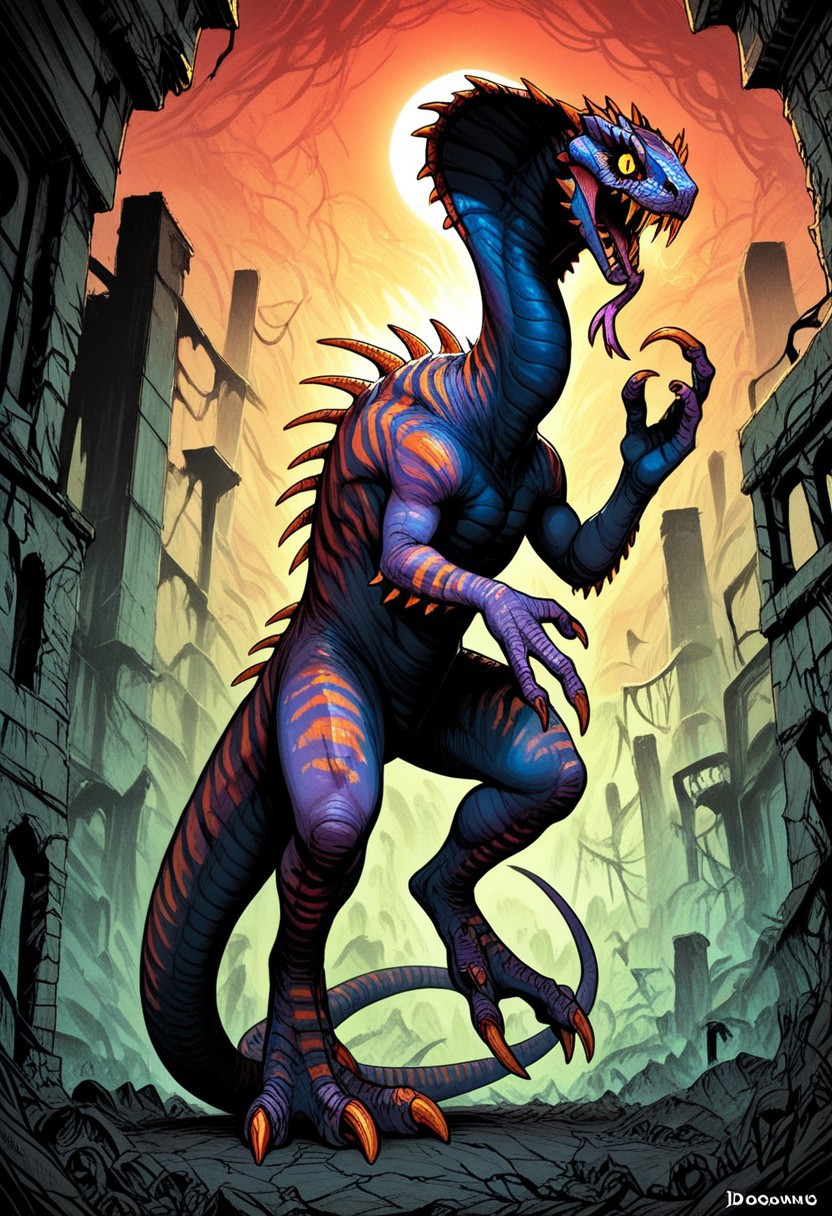 DonMC0m1cM4g1cXL, (dark, fantasy, magical, eerie) score_9, score_8_up, score_7_up, score_6_up, Vertigo_Primal, cobra, dinosaur, monster, colored sclera, reptile eyes, yellow eyes, purple skin, orange stripes, stinger tail, spikes, claws, fangs, forked tongue, gigantic monster, , size difference, BREAK, small human, BREAK, backgroung, plain, ruins