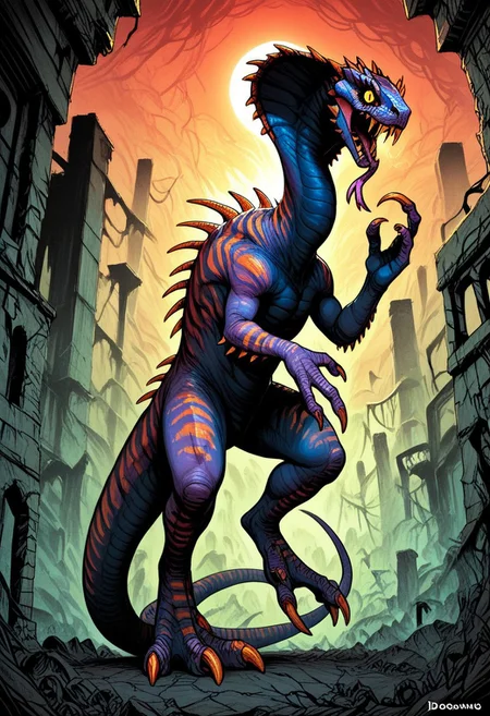 DonMC0m1cM4g1cXL, (dark, fantasy, magical, eerie) score_9, score_8_up, score_7_up, score_6_up, Vertigo_Primal, cobra, dinosaur, monster, colored sclera, reptile eyes, yellow eyes, purple skin, orange stripes, stinger tail, spikes, claws, fangs, forked tongue, gigantic monster, , size difference, BREAK, small human, BREAK, backgroung, plain, ruins