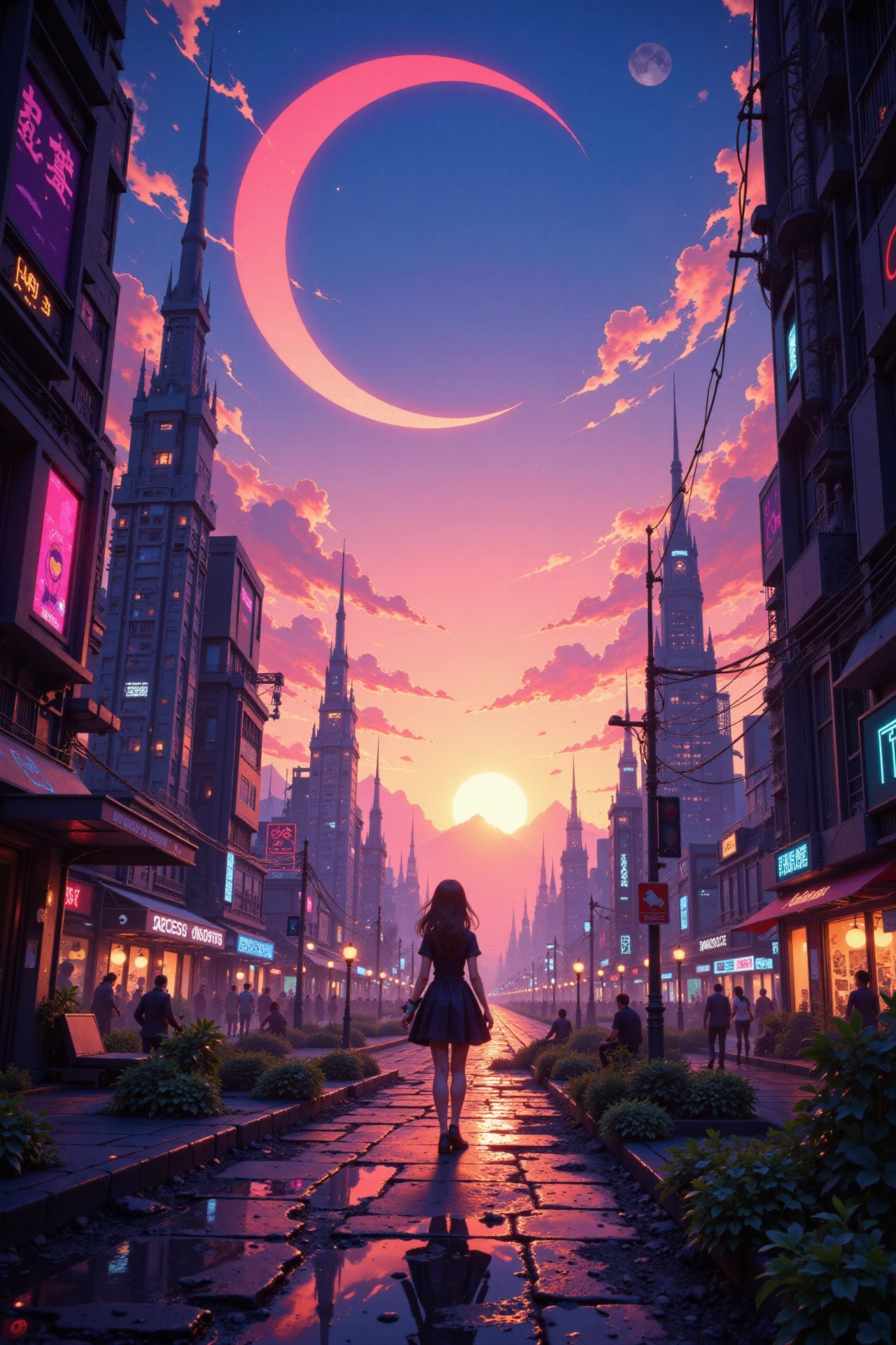 a cyberpunk planetary city beautiful anime landscape, dusk, woman, very intricate, very detailed, sharp, bright, colorful, <lora:Hand v2:0.5> <lora:Anti-Blur:1><lora:Insane Detail Slider:0.25>  <lora:flux.1_lora_flyway_Epic-detail_v2:0.3> <lora:fluxenhancer:0.25> <lora:ROWER:0.6> <lora:flux-charmer-v1-1:0.4> <lora:Colorful_Fantasy_Art_for_FLUX:1> fantasy art