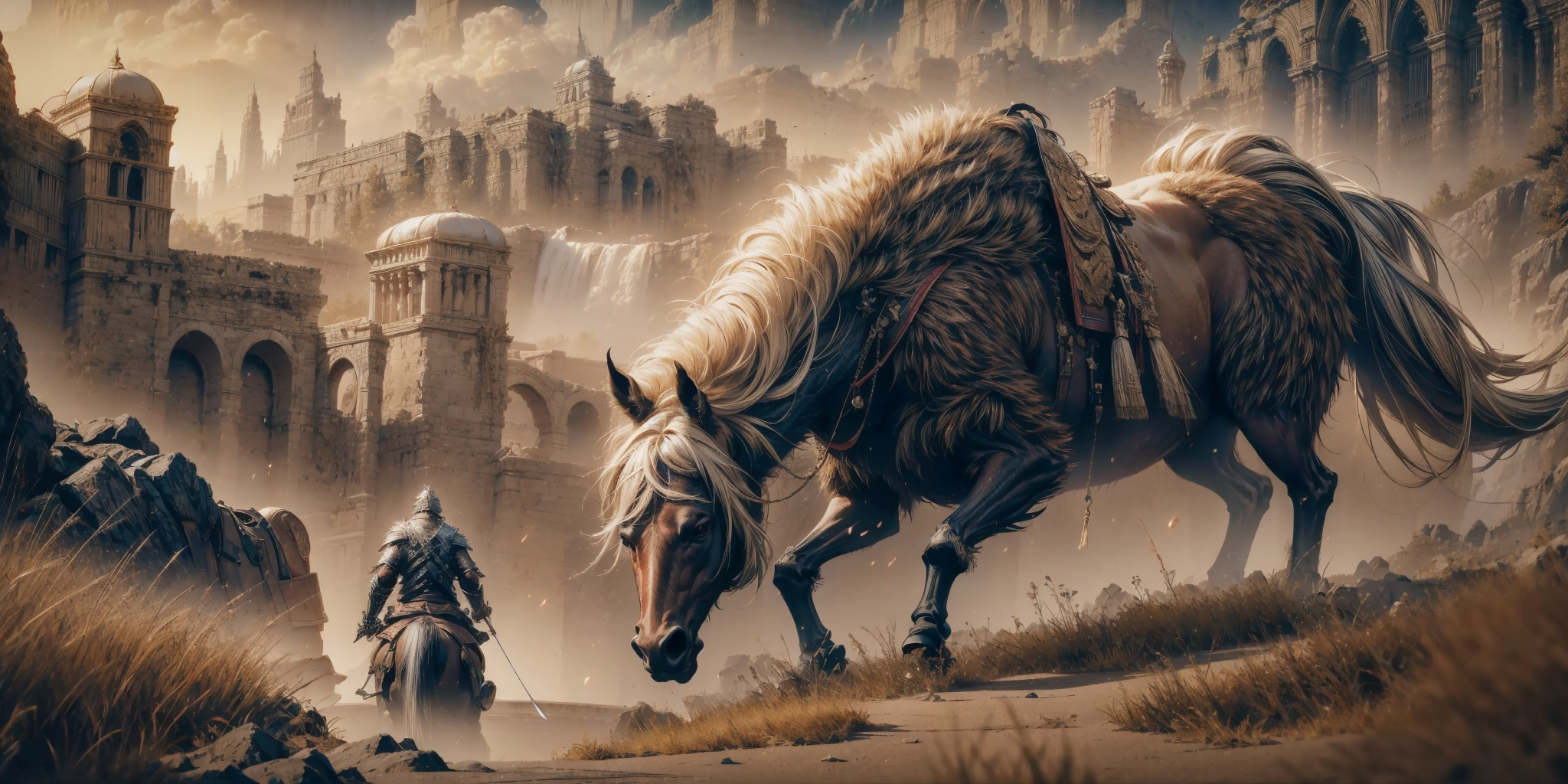 <lora:Shadowland V1.0:0.8>,Beautiful outdoor,outdoors,1boy,solo,white hair,helm,from behind,zoom layer,facing away,armor,horse,horseback riding,holding weapon,holding sword,weapon,sword,standing,
night,monster,water,1other,, edge quality, perspective silhouette, 8k, best quality, masterpiece, extremely detailed, rule of thirds, photorealistic, superb, HDR, high resolution, sharp focus, photorealistic rendering, extremely detailed description, professional, gorgeous and intricate detail,