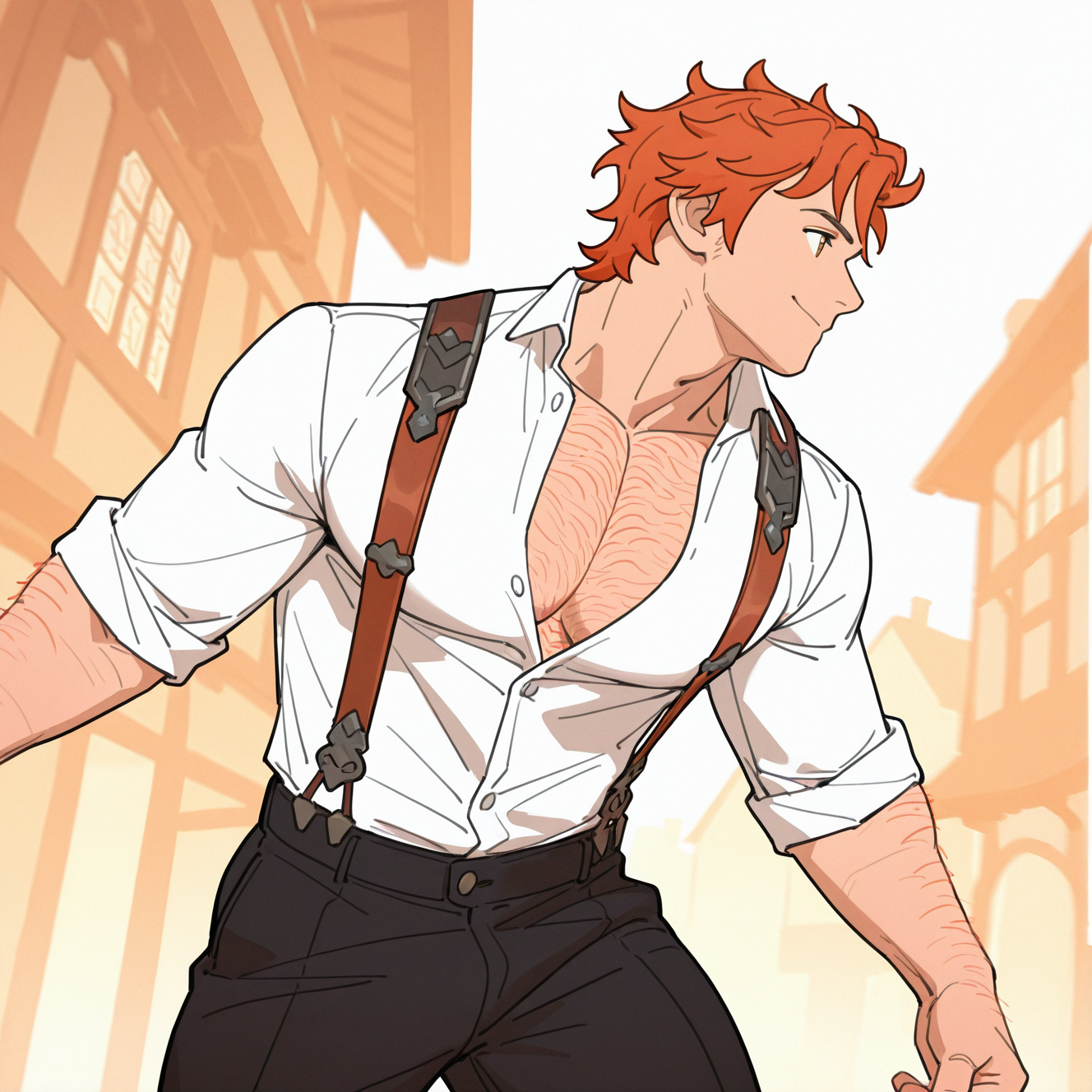 <lora:SYLVAIN:1>
sylvain, solo, smile, short hair, shirt, 1boy, white shirt, male focus, cowboy shot, collared shirt, pants, orange hair, looking to the side, feet out of frame, muscular, black pants, thick eyebrows, muscular male, pectorals, suspenders, bara, large pectorals, sleeves rolled up, mature male, sideburns, partially unbuttoned, pectoral cleavage, chest hair, arm hair, hairy, sparse chest hair, closed mouth, town
, motion blur, film grain, abstract, natural lighting, fantasy, cinematic, dynamic view, tilted angle, very awa, masterpiece, best quality, absurdres, newest, perfect quality, detailed background, intricate details, (artist:fl \(l-fl\):0.7), (artist:tooboshoo:0.7), (artist:dizdoodz:0.8)