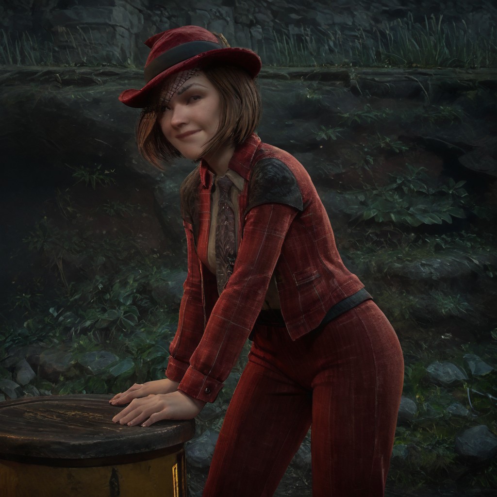 score_8, score_9, break, solo, agnes_hl, 1girl, brown hair, short hair, hat, shirt, jacket, tie, red dress pants, leaning, bent over, from the side, smirk
