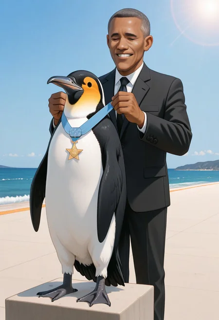 masterpiece, best quality, amazing quality, very aesthetic, absurdres, newest, IllusP0s, receiving medal of honor from half-white president, pelican, realistic_bird, proud_expression, proud_pose, receiving_medal, long_beak, large_throat_pouch, small_round_eyes, feather_detail, avian_anatomy, feathered_wings, webbed_feet, narrow_gaze, penguin, angry_expression, standing_to_the_side, medal_ceremony, outdoor, formal_setting, dramatic_lighting