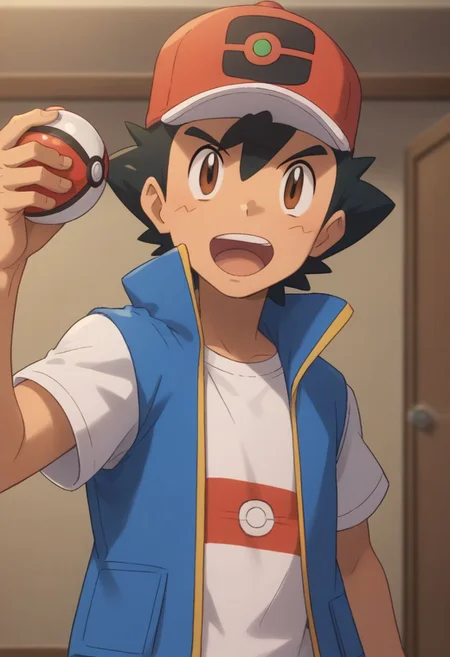 score_9, score_8_up, score_7_up, source_anime, highly detailed, 1boy, solo, male_focused, skinny, slender, 
ash_ketchum_journeys, brown eyes, hat, shirt, solo, black hair, open mouth, white shirt, baseball cap, hold, holding poke ball, 
indoor, pokemon gym,