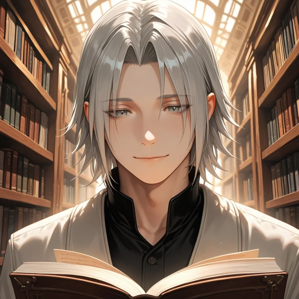 masterpiece, best quality, amazing quality, absurdres, newest, detailed background, definition so sharp, Ultra-HD, 8K cinematic, very awa, impressionate, amazing quality, highres,
solo, male focus, manly,
yashiroisana, 1boy, short hair, parted bangs, shiro_pretime, shiro_grey hair, shiro_grey eyes, reading a book, light smile, calm expression, library, soft light, bookshelves, playful, aesthetic, peaceful, intellectual