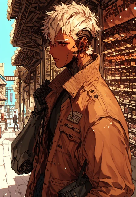 score_9, score_8_up, score_7_up, best quality, 1male, white eyebrows, white bonde hair, styled hair, short hair, white blonde hair, hair between eyes, red eyes, android, robot, robotic body parts, masuline, robotic neck, robotic arms, tan skin, black robotic parts, simple background, toned body,
,
,
dynamic pose, character design, calm look, calm,
,
,
cowboy shot, brown long jacket, close up, from side, outdoors, street view, market, day, carrying a bag, shopping,