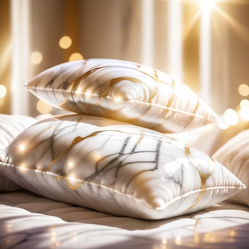 wholesome photo of comfortable and fluffy pillows made out of Jed-mrbl on a bed of gold, lightrays, godrays, lens flares, bokeh,