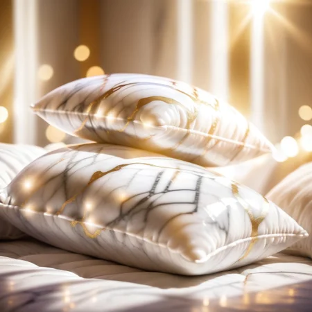 wholesome photo of comfortable and fluffy pillows made out of Jed-mrbl on a bed of gold, lightrays, godrays, lens flares, bokeh,