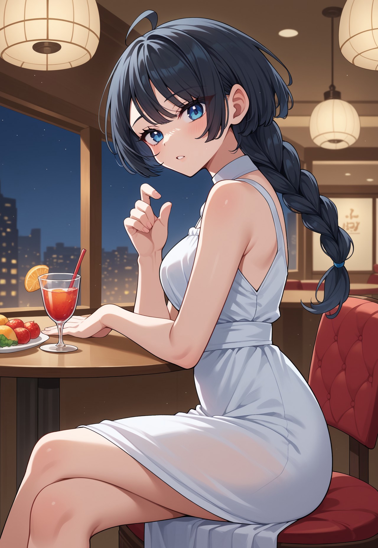zPDXL3, score_9_up, score_8_up, score_7_up, (Anime_source), 1girl, Sayo, blue eyes, black hair, long hair, single braid, (dress), crossed leg, cowboy shot, looking at viewer, parted lips, from side, luxurious restaurant, night, relax atmosphere, table, cocktails, 