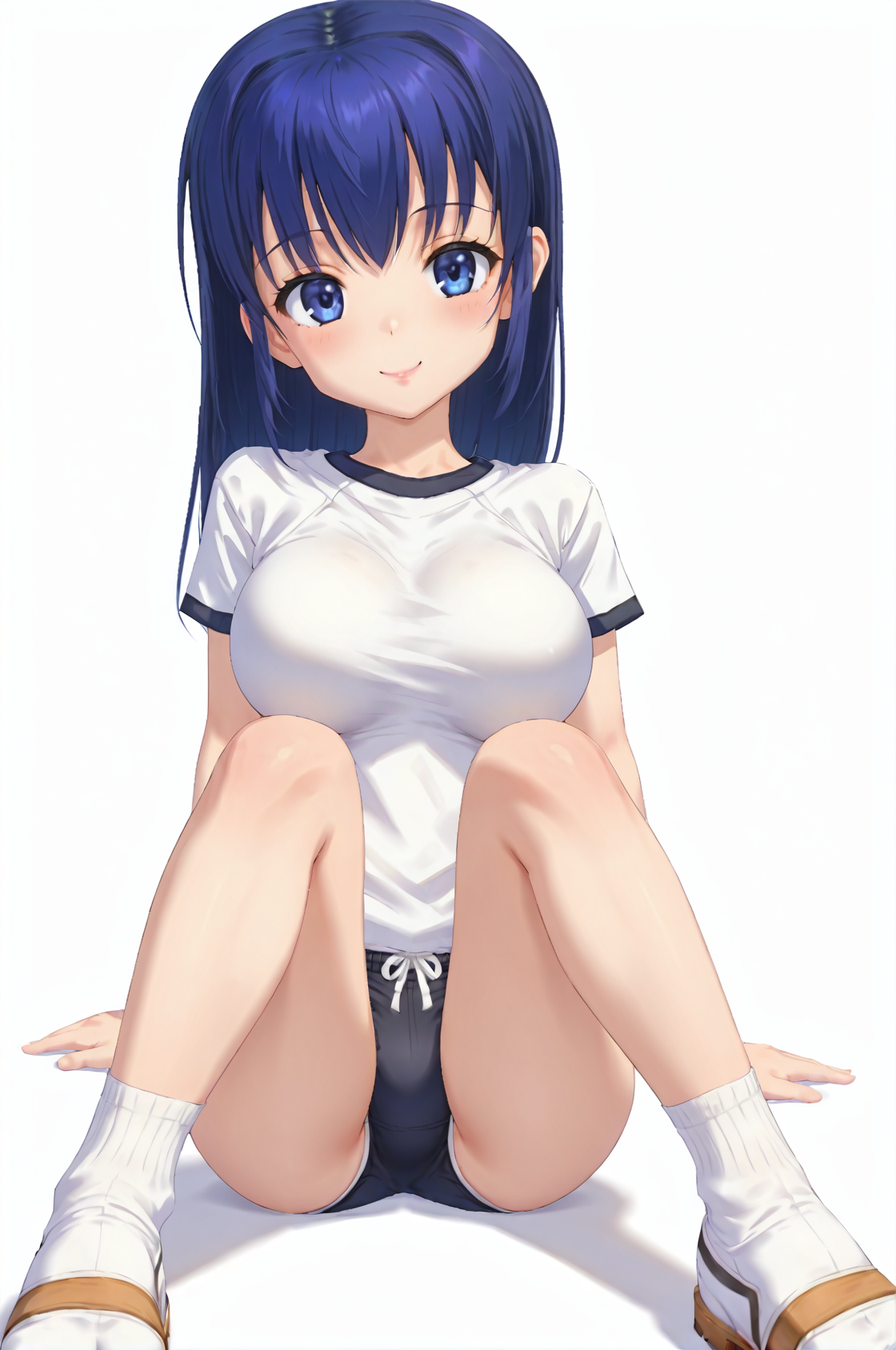 <lora:ArinPangyaIllustriousV1.0-000007:0.95>,
1girl, solo,
white background, looking at viewer,
arinPangya, blue hair, blue eyes, long hair, bangs, large breasts, lips,
startSet, gym uniform, white shirt, black buruma, ankle socks, sandals,
sitting,
smile,
