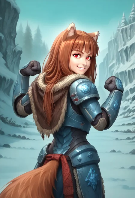 score_9, score_8_up, score_7_up, masterpiece, perfecteyes, holo, brown hair,long hair,red eyes, wolf girl,wolf ear,wolf tail, solo, , looking at the viewer, detailed background, wearing power armor, spcwlf, back view, proud smile, ice, snow, icy cavern, outdoors, fur cloak, holo in spcwlf armor, flexing, she says "Afraid not citizen, holo protects"
