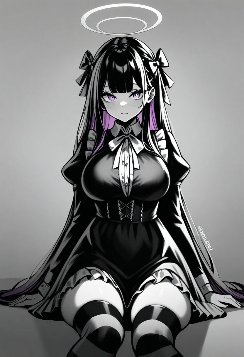 (masterpiece), (best quality), (ultra-detailed),
1girl, solo, long hair, breasts, looking at viewer, bangs, large breasts, shirt, black hair, thighhighs, long sleeves, dress, bow, ribbon, sitting, closed mouth, pink hair, purple hair, hair bow, multicolored hair, frills, wings, striped, puffy sleeves, artist name, blunt bangs, black dress, two-tone hair, torn clothes, halo, blue bow, juliet sleeves, striped thighhighs, colored inner hair
shadow,monochrome