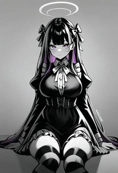 (masterpiece), (best quality), (ultra-detailed),
1girl, solo, long hair, breasts, looking at viewer, bangs, large breasts, shirt, black hair, thighhighs, long sleeves, dress, bow, ribbon, sitting, closed mouth, pink hair, purple hair, hair bow, multicolored hair, frills, wings, striped, puffy sleeves, artist name, blunt bangs, black dress, two-tone hair, torn clothes, halo, blue bow, juliet sleeves, striped thighhighs, colored inner hair
shadow,monochrome