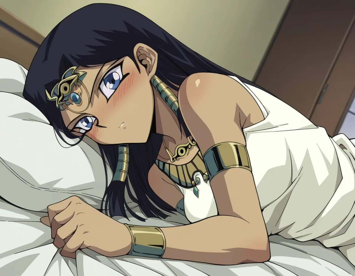 score_9, score_8_up, score_7_up, source_anime,
ishuzuishtar, <lora:ishuzu-ishtar-anime-ponyxl-lora-nochekaiser:1>,
ishuzu ishtar, blue eyes, dark skin, dark-skinned female, black hair, egyptian,
dress, jewelry, armlet,
indoors, bed, bed room, on side, blush, drunk,
looking at viewer, dutch angle, cowboy shot,