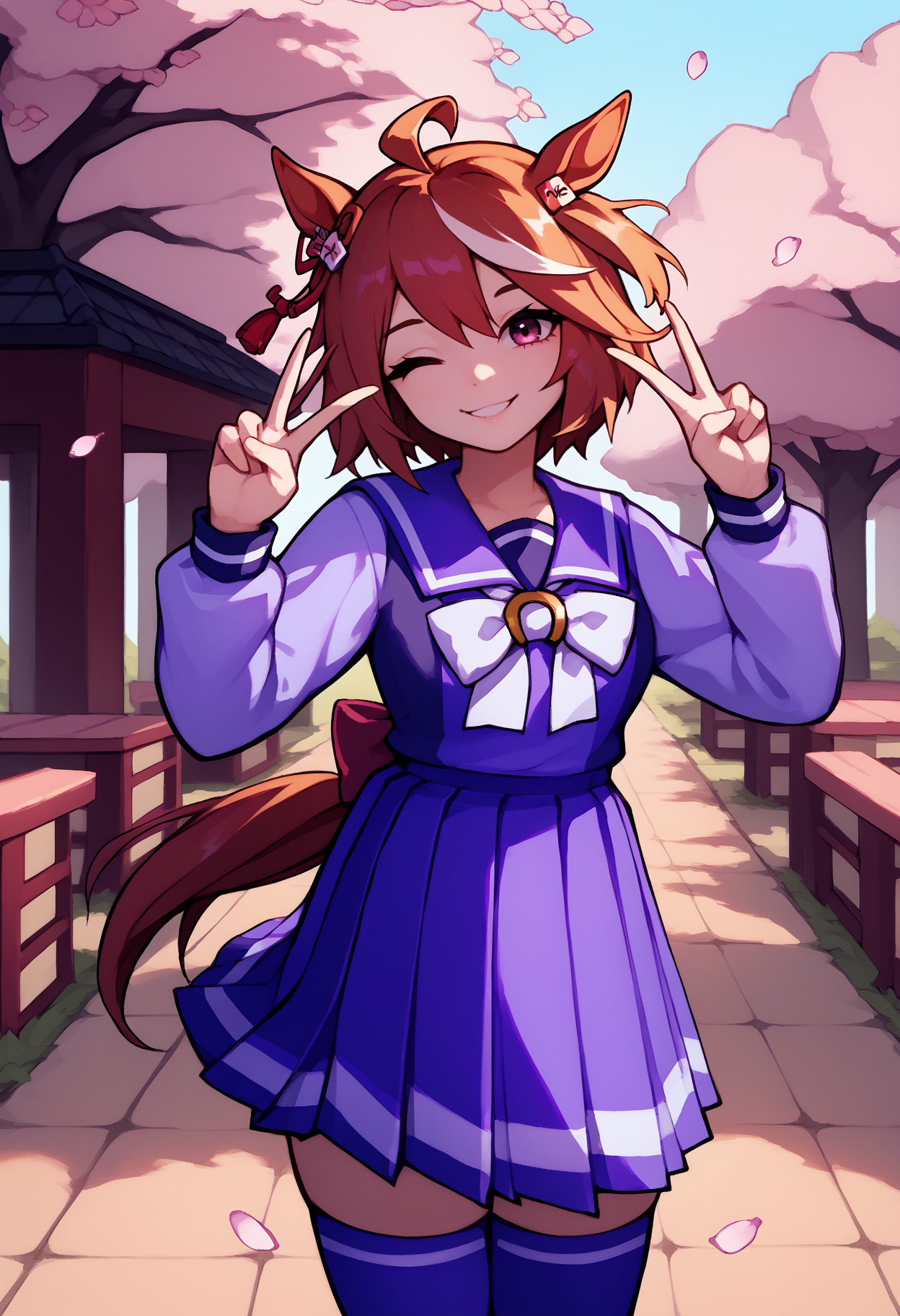 score_9, score_8_up, score_7_up, solo, 1girl, kitasanblack, horse tail, smile, looking at you, standing, double v, head tilt, ahoge, hair ornament, animal ears, one eye closed, wintertracen, school uniform, purple serafuku, purple shirt, sailor collar, white bow, long sleeves, purple skirt, pleated skirt, purple thighhighs, outdoors, cherry blossoms
<segment:yolo-face_yolov8m.pt,0.4,0.5//cid=1>