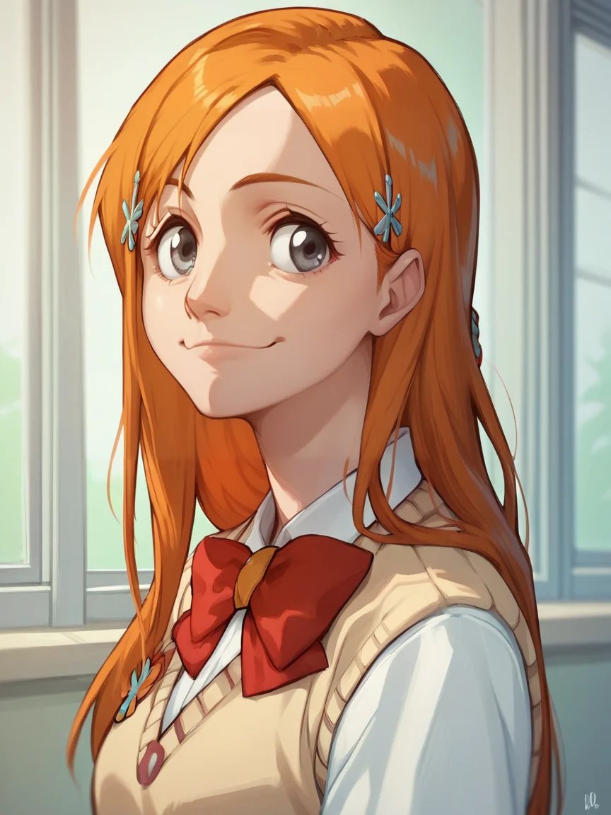 score_9, score_8_up, score_7_up, score_6_up, score_5_up, <lora:orihimeXLP:1> orihime, 1girl, long hair, solo, orange hair, hair ornament, school uniform, grey eyes, smile